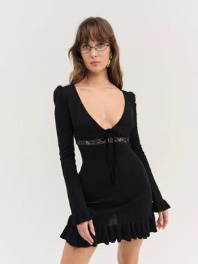 For Love & Lemons Naomi Long Sleeve Knit Mini Dress | LBD | Black | M | NWT